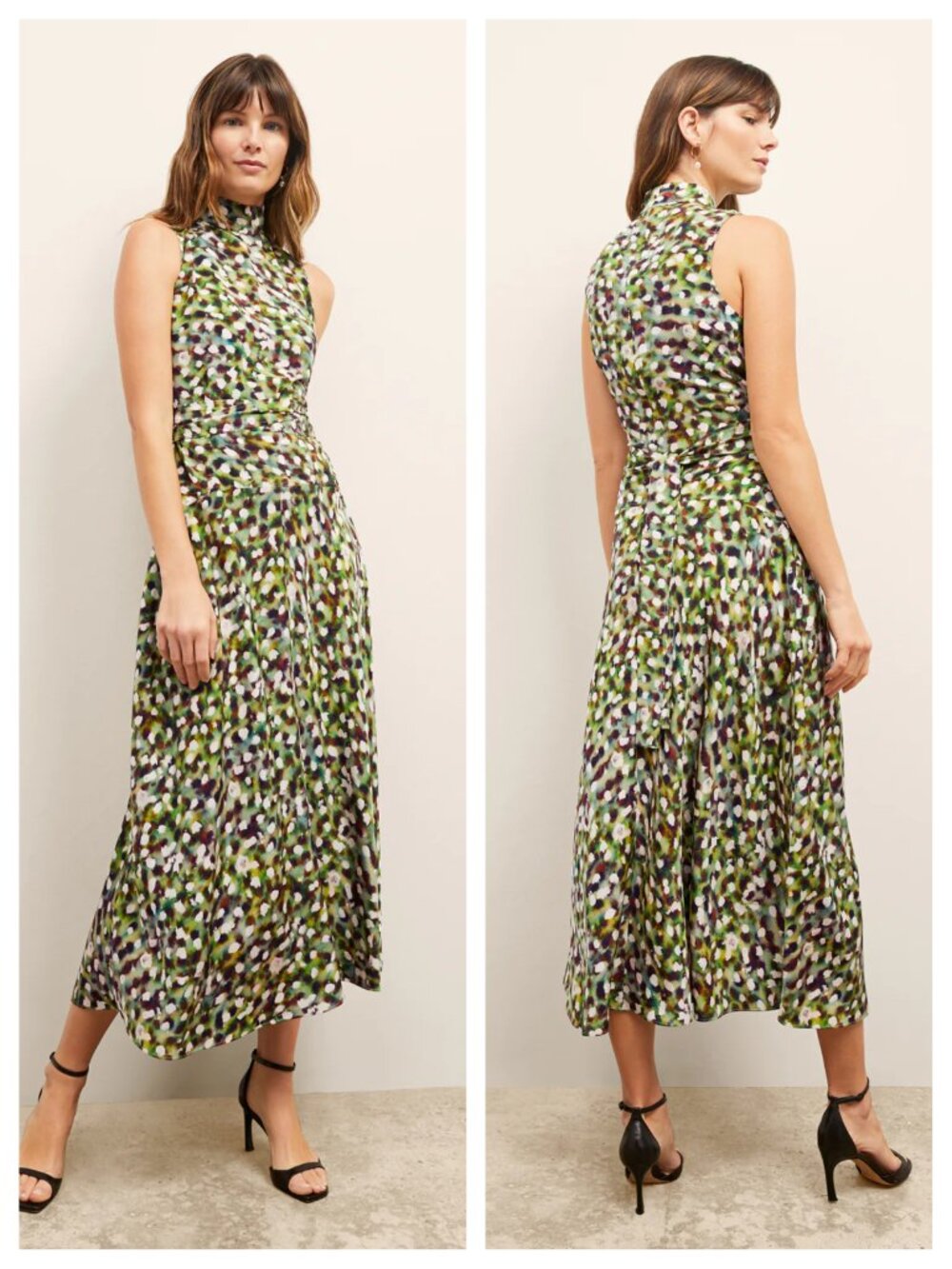 MM Lafleur Martina Mockneck Dress Printed Washable Silk XL Spotlight Green/Cream